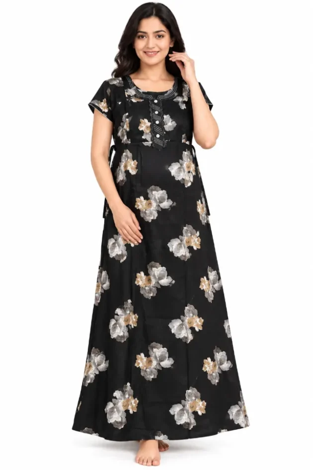 Black floral-print maxi nightgown